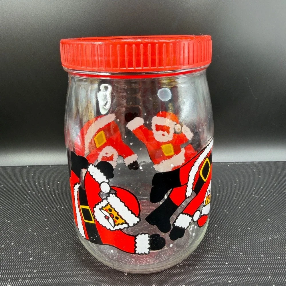 Vintage Santa Claus Glass Cookie Jar Made‎ in France Red Lid Christmas Canister